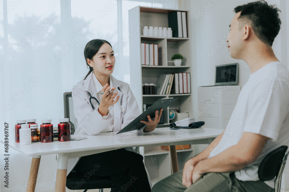 Fototapeta premium A doctor is counseling a young male patient about prostate cancer and venereal disease, including male sexual dysfunction. Prostate cancer concept