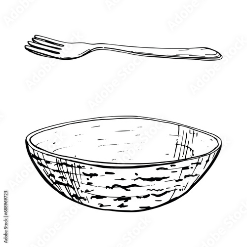 Hand drawn vector ink illustration. Kitchenware dishes utensils fork and bowl plate crockery ceramics. Single object element isolated on white. Restaurant, menu, food shop and package, flyer, print.