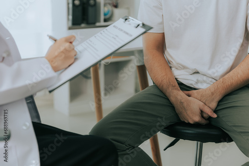 A doctor is counseling a young male patient about prostate cancer and venereal disease, including male sexual dysfunction. Prostate cancer concept photo