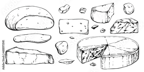 Hand drawn vector ink illustration. Assortment of cheese mozzarella parmesan edam emmental gruyere gorgonzola. Set of objects isolated on white. Restaurant menu, cafe, food shop package, flyer print.