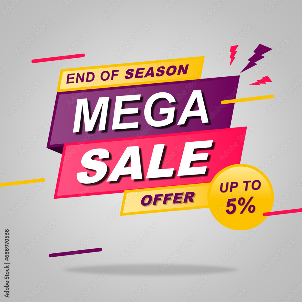 Mega sale banner template design with End of season. Up To 5% Discount. Vector illustration.