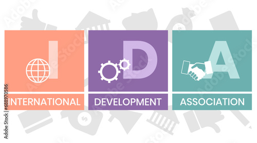 IDA, INTERNATIONAL DEVELOPMENT ASSOCIATION acronym. Concept with keyword and icons. Flat vector illustration. Isolated on white.