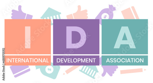 IDA, INTERNATIONAL DEVELOPMENT ASSOCIATION acronym. Concept with keyword and icons. Flat vector illustration. Isolated on white.