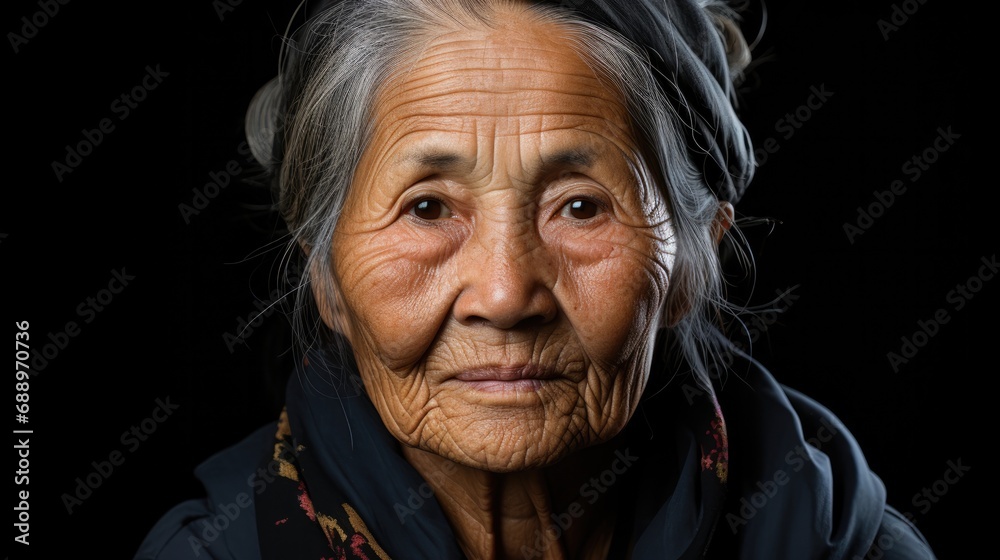 Elderly asian woman looking at camera with sad look on black background