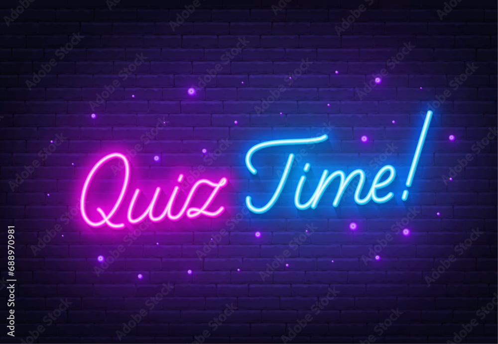 Quiz Time neon lettering on brick wall background Quiz Time neon lettering on brick wall background