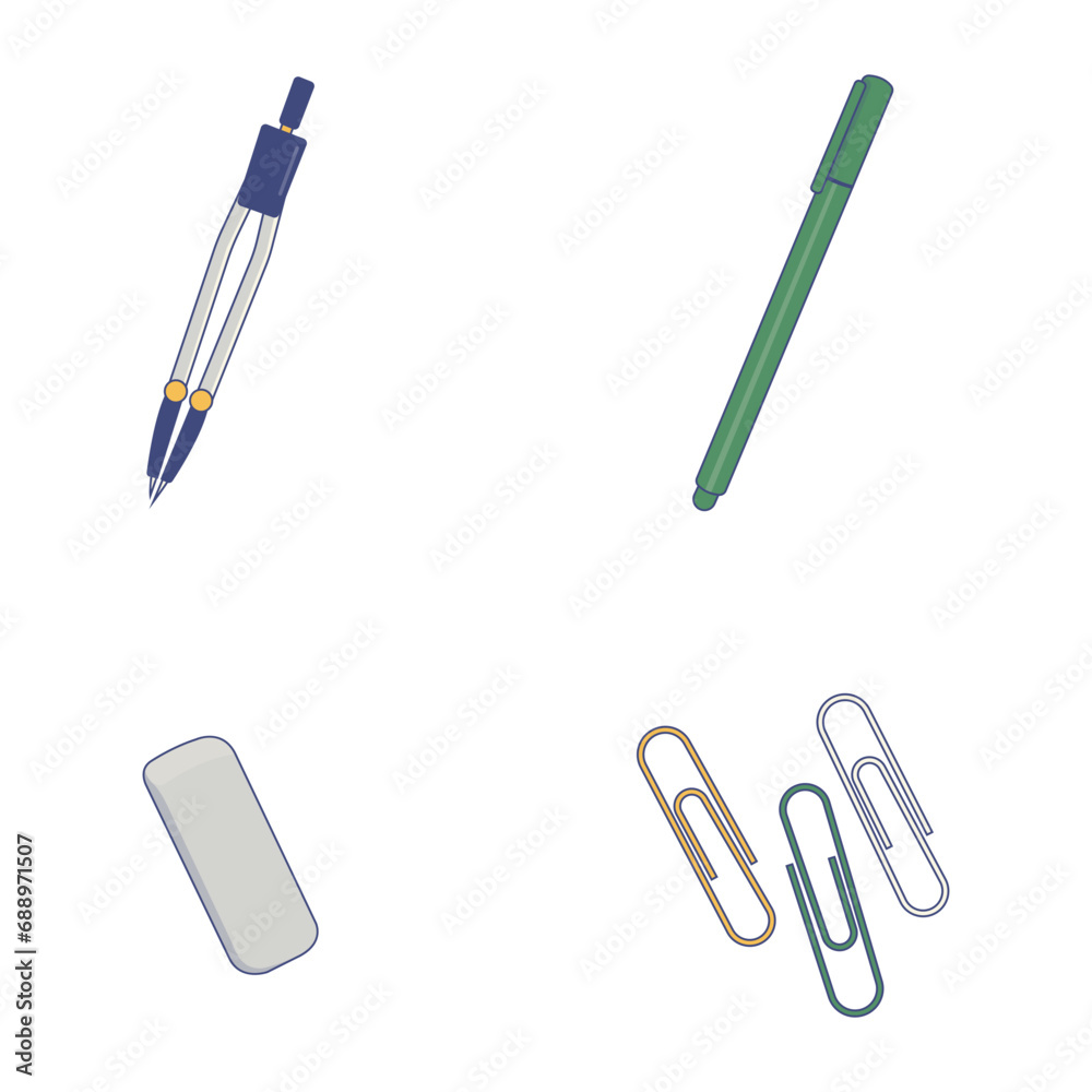 Primary School Equipment Icon Set. Minimalism Cartoon Design. Vector Illustration. 