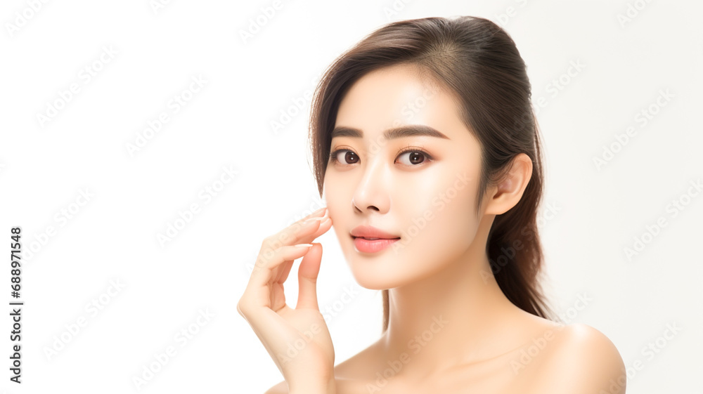Young Asian beauty woman model long hair with korean makeup style on face and perfect skin isolated on white background. Facial treatment, Cosmetology, Spa. Young Asian beauty woman model long hair with korean makeup style on face and perfect skin isolated on white background. Facial treatment, Cosmetology, Spa.