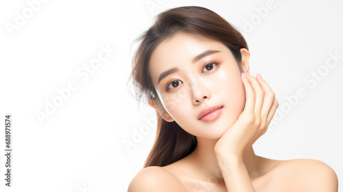 Young Asian beauty woman touching her face, with Korean makeup style on face and perfect clean skin on isolated white background. Facial treatment, Cosmetology, Spa.