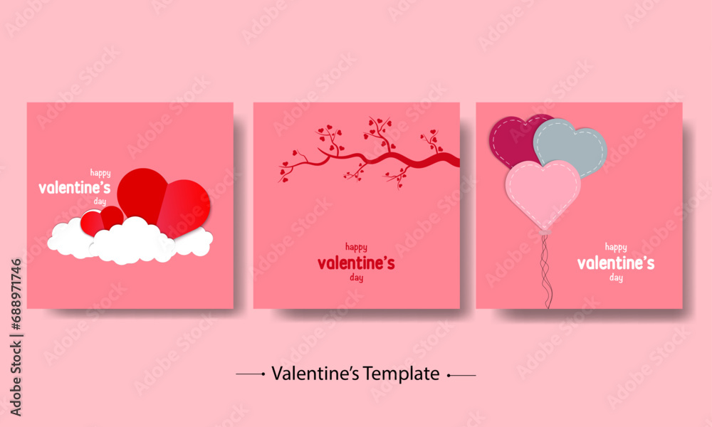 Happy Valentine's Day Pink Cards Set With Hearts Happy Valentine's Day Pink Cards Set With Hearts