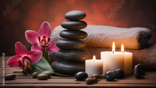 Zen spa concept with massage stones  lit candles  and elegant orchids on a tranquil water surface  creating an atmosphere of peace and relaxation.