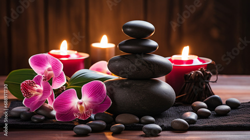 Zen spa concept with massage stones  lit candles  and elegant orchids on a tranquil water surface  creating an atmosphere of peace and relaxation.
