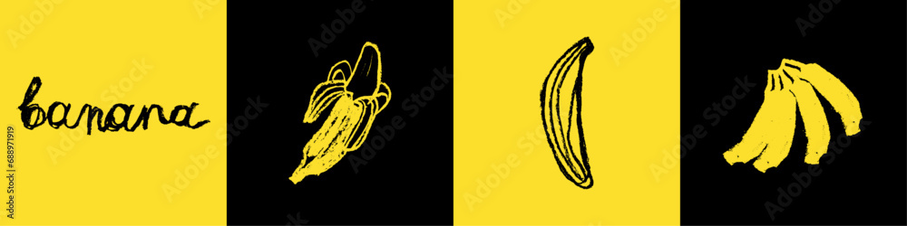 Bananas icon set for logo creating, organic food label, and banner design. Monochrome banana vector drawings. Tropical fruit signs. Bananas icon set for logo creating, organic food label, and banner design. Monochrome banana vector drawings. Tropical fruit signs.