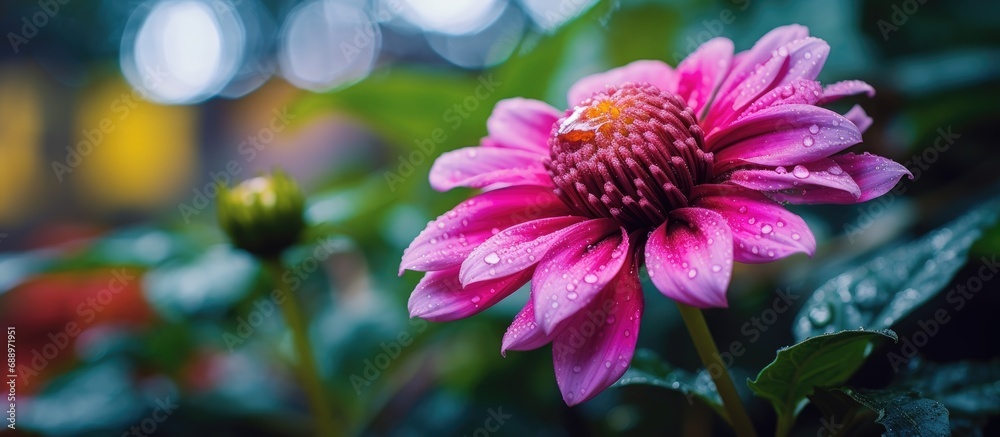 In the background of the garden, a beautiful pink flower stood out, its closeup showcasing the intricate details of its flora. In the background of the garden, a beautiful pink flower stood out, its closeup showcasing the intricate details of its flora.