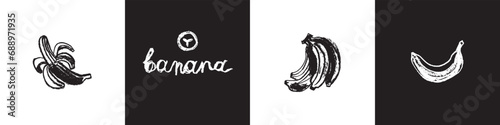 Bananas icon set for logo creating, organic food label, and banner design. Monochrome banana vector drawings. Tropical fruit signs.