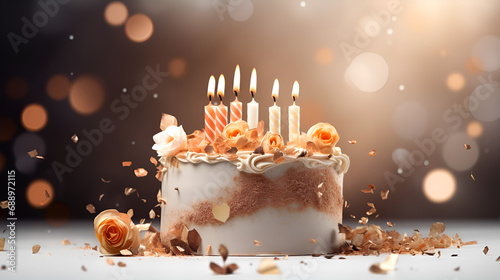 Cake with candles, birthday cake, wedding cake, white and gold, golden cake, white cake, gifts and candles, golden ribbon, sweet food, dessert, luxury cake, expensive food, blurry background,wallpaper