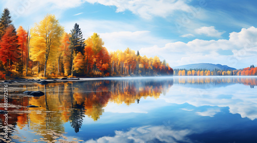 Colorful fall foliage reflected on a lake,in the style of reflective nature scenes. Generative ai © ikkilostd