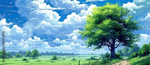 In the background of the picturesque landscape, the sky painted a perfect summer blue, adorned with fluffy clouds, while natures artistry bloomed in the form of a lush green garden, the trees