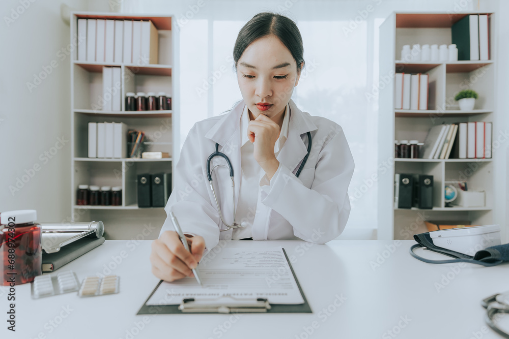 Asian female doctor sitting and working in office space Analyze and examine medicines within the hospital. Asian female doctor sitting and working in office space Analyze and examine medicines within the hospital.