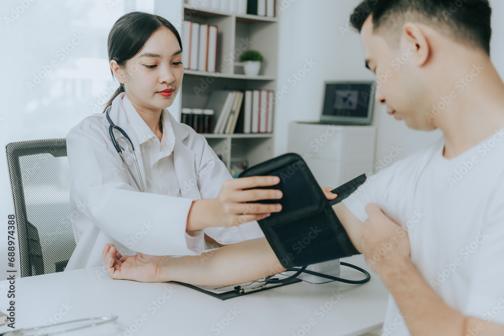 Beautiful doctor uses blood pressure monitor and stethoscope to check blood pressure on a patient in the hospital. Beautiful doctor uses blood pressure monitor and stethoscope to check blood pressure on a patient in the hospital.