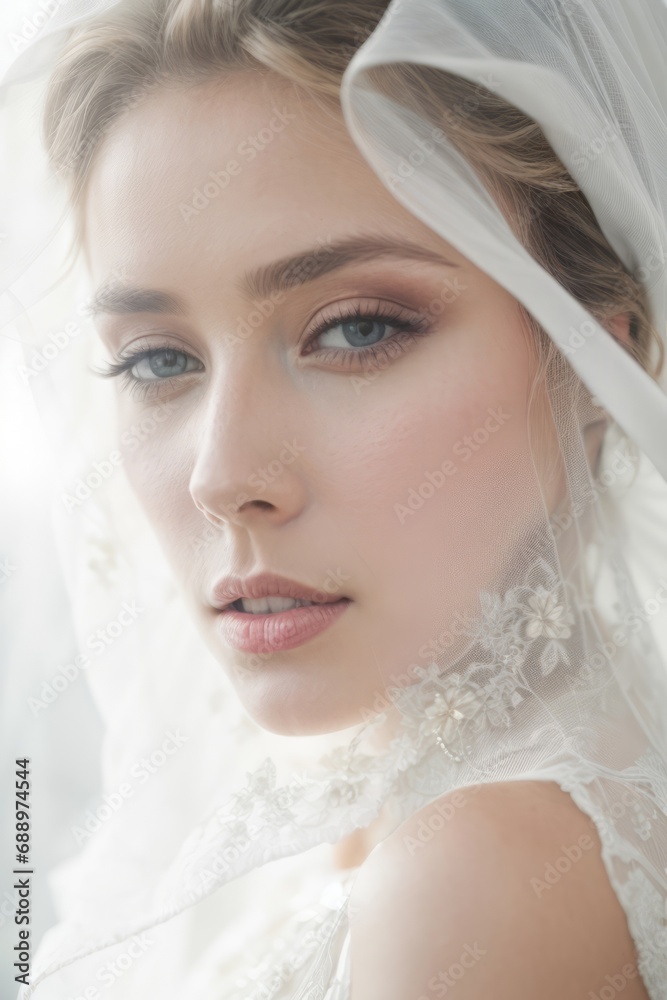 Close-up portrait of a beautiful attractive woman bride under a white veil looking at the camera. Wedding, fashion, beauty concepts.