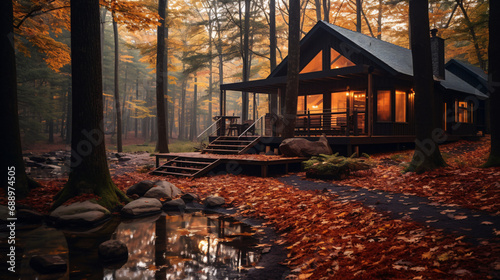 A tranquil cabin surrounded by fall foliage in the woods. Generative ai photo