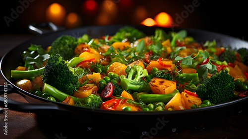Frying pan with various healthy vegetables on dark background.Macro.AI Generative