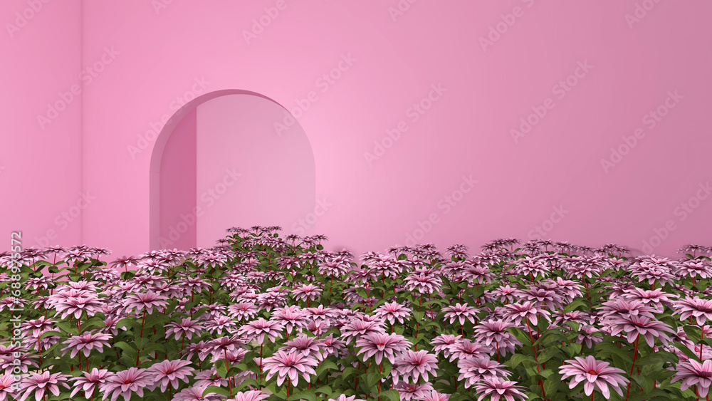 Naklejka premium The room is full of flowers. 3D illustration, 3D rendering