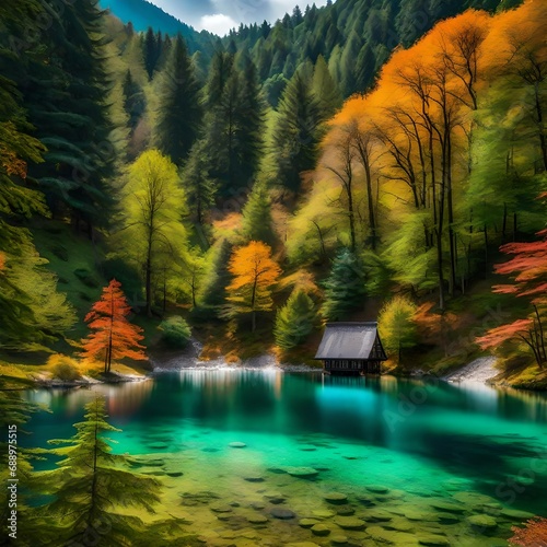 autumn landscape with lake and mountains