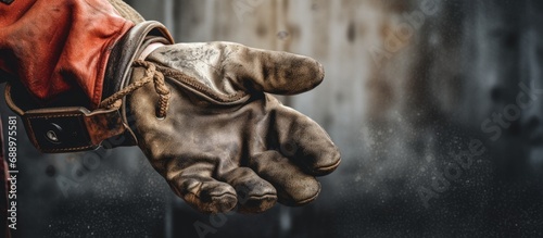 In the background of an old grunge home, a workers hand grasps a leather safety glove, ready to tackle construction work in a white concept of metal and industry, mindful of the fire hazards.