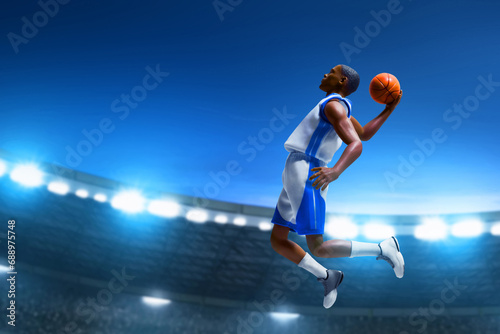 3d illustration professional basketball player slam dunk at blue sky