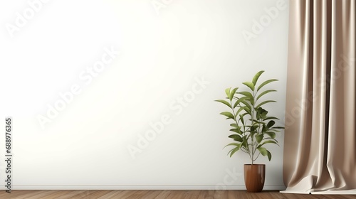 Plant against a white wall mockup. White wall mockup with brown curtain, plant and wood floor. 3d rendering. Generative AI