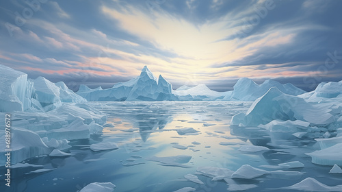 Arctic winter landscape with large glaciers frozen sea and blizzards Artificial Intelligence Rendering