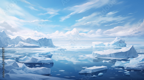 Arctic winter landscape with large glaciers frozen sea and blizzards Artificial Intelligence Rendering © Diana Zelenko