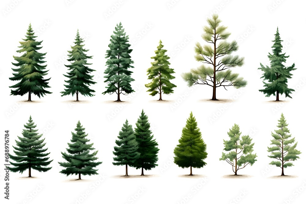 Set of photos of pine trees, colorful, big trees, white background, illustrations