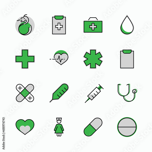 Set of Medicine vector line icons. It contains the first aid kit, nurse, syringe, thermometer, plastic, pills, heart, drop of blood, palpitation and much more. Editable Stroke. 32x32 pixels.