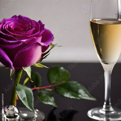 Happy Valentine`s Day with white and purple rose on black background with champagne and glass