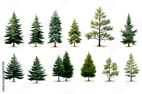 Set of photos of pine trees, colorful, big trees, white background, illustrations © kop