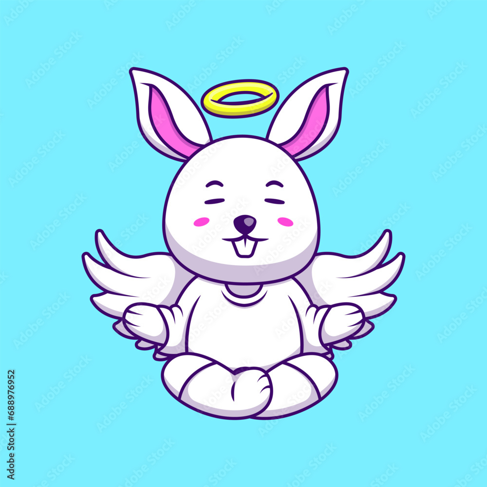 Fototapeta premium Cute Angel Rabbit Floating With Meditating Cartoon Vector Icons Illustration. Flat Cartoon Concept. Suitable for any creative project.