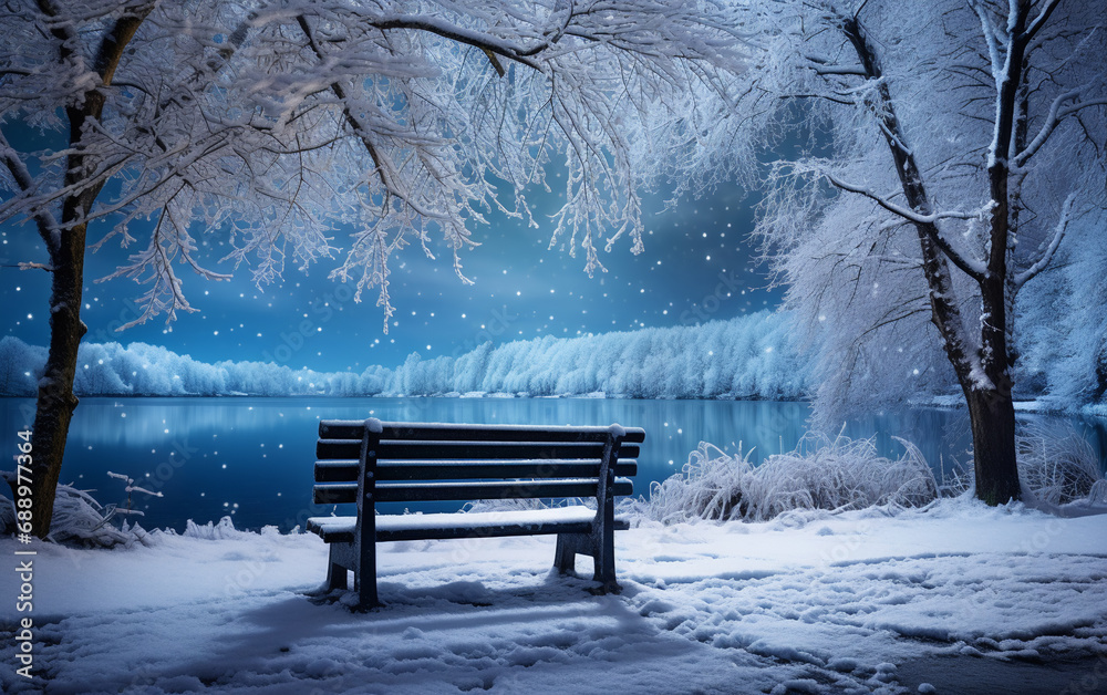 a bench with snowy scenery in snow covered winter, AI Generative.