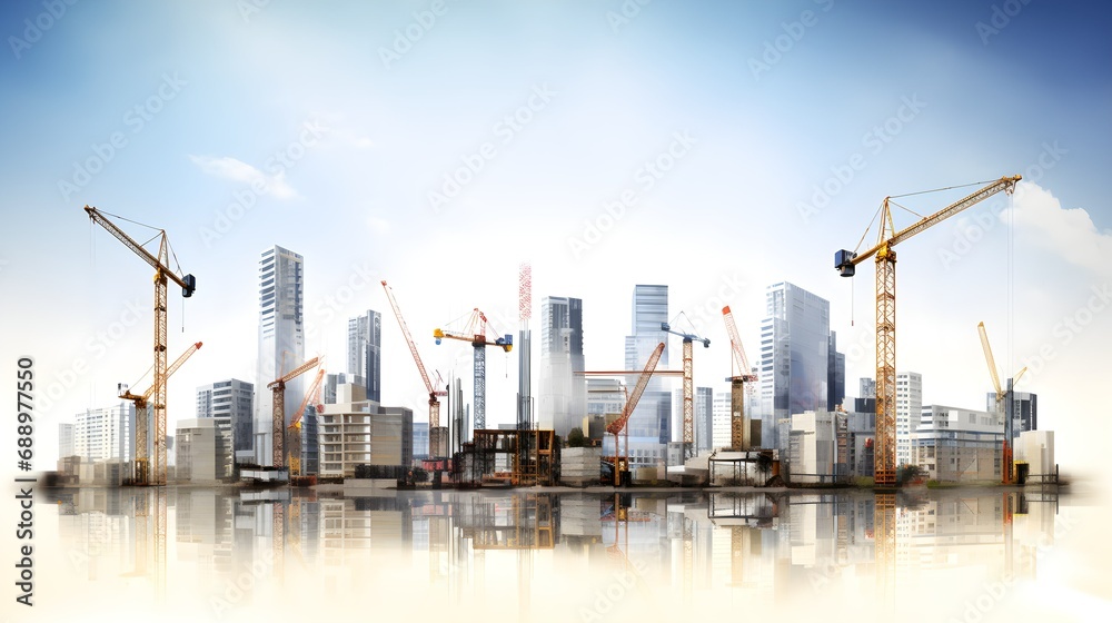 City building construction sites development and tower cranes. Generative AI.