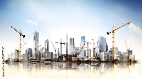 City building construction sites development and tower cranes. Generative AI.