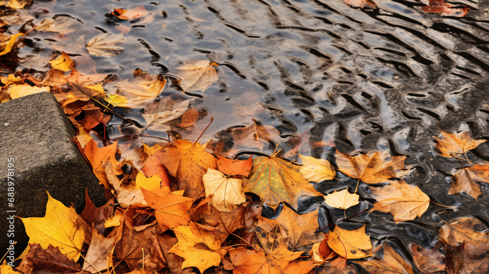 Falling leaves on a sidewalk create abstract patterns. Generative ai