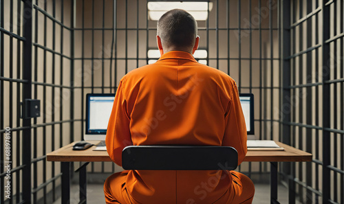 back view of prisoner in orange clothes sitting in jail cell at table with two laptop, blurry metal bars grid backgroungd in back, generative AI