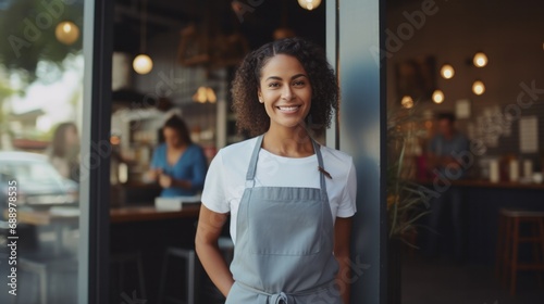 Portrait of a happy owner standing at the door of cefe shop, a cheerful adult waiter waiting for customers at a coffee shop, successful small business owner, professional, service