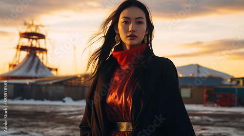 A fashion editorial photo of an Asian model