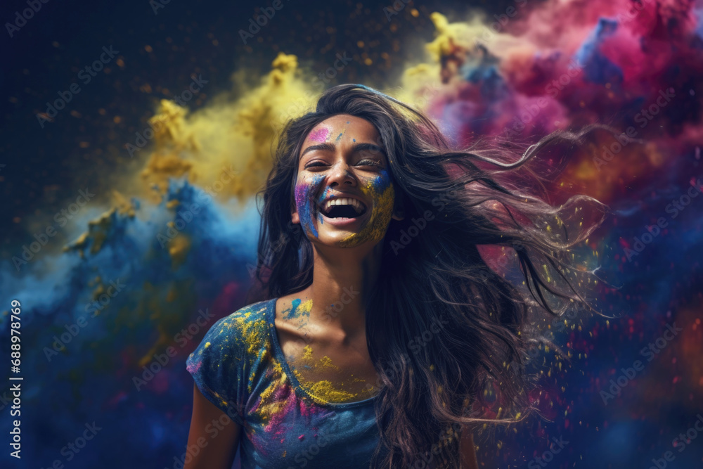 A  young Indian girl in an ecstatic mood playing the Holi festival with colours