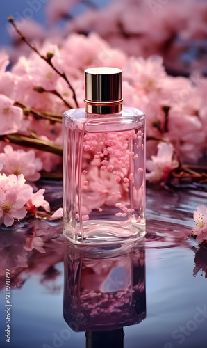Glass bottle of fragrance perfume with pink flowers standing on wavy water.Macro.AI Generative.