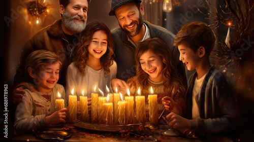 Jovial Kids and Parents Gathered Around Table  Illuminating Hanukkah Menorah