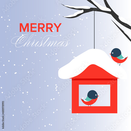 postcard with a red feeder and two bullfinches. bullfinches sitting on a bird house hanging on a tree branch