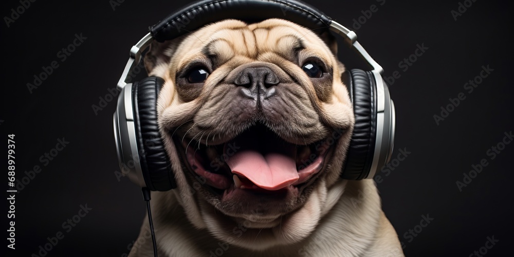 A Dog wearing headphones against A gray background 